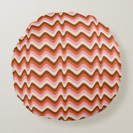 70s retro brown and pink wave pattern ラウンドクッション (正面)