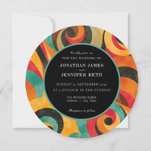 70s Retro Orange Red Teal Wedding Invitation (正面)