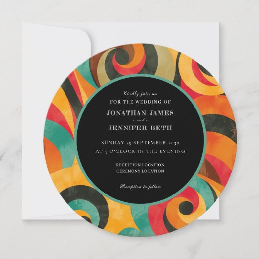 70s Retro Orange Red Teal Wedding Invitation (正面)