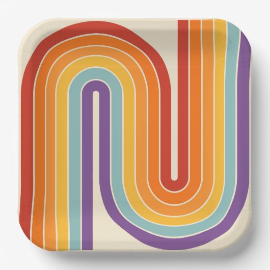 70s Retro Vintage Style Geometric Design ペーパープレート (正面)