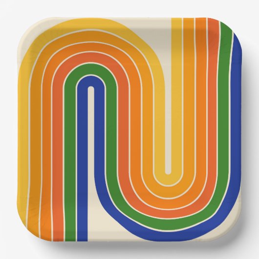 70s Retro Vintage Style Geometric Design ペーパープレート (正面)