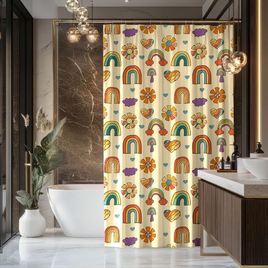 70s Style Curtain Groovy Pastel Rainbow Design シャワーカーテン