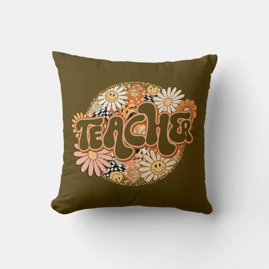 70s Style Floral "Teacher" Appreciation クッション (正面)