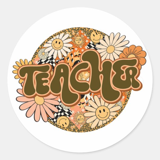 70s Style Floral "Teacher" Appreciation ラウンドシール (正面)