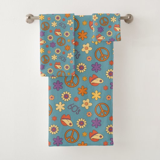 70s Style Towel Retro Boho Eclectic Bath Art バスタオルセット (インサイチュ)
