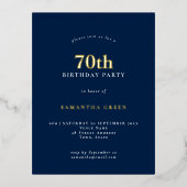 70thエレガントバースデーパーティラグジュアリーネイビーブルー 箔招待状ポストカード (正面)