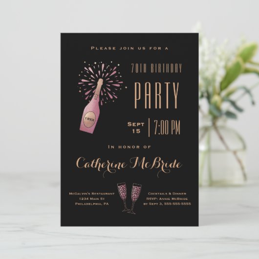 70thエレガントバースデーパーティーブラック金ゴールドシャンパン 招待状 (スタンド正面)