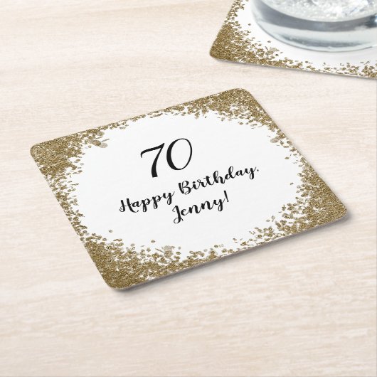 70thエレガントマイルストーンバースデーパーティブラック金ゴールド スクエアペーパーコースター (アングル)