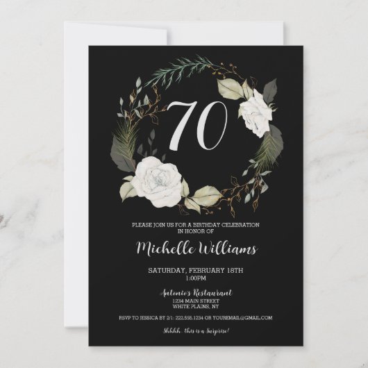 70thエレガント誕生日パーティーフローラリース金ゴールド 招待状 (正面)