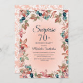 70thサプライズ誕生日女性ピンクティール（緑がかった色）フローラ 招待状 (正面/裏面)