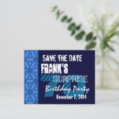 70thサプライズ誕生日日付の青いパターンを保存 案内ポストカード (スタンド正面)