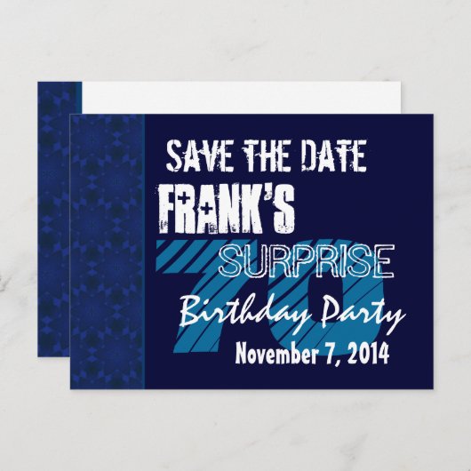 70thサプライズ誕生日日付の青いパターンを保存 案内ポストカード (正面/裏面)