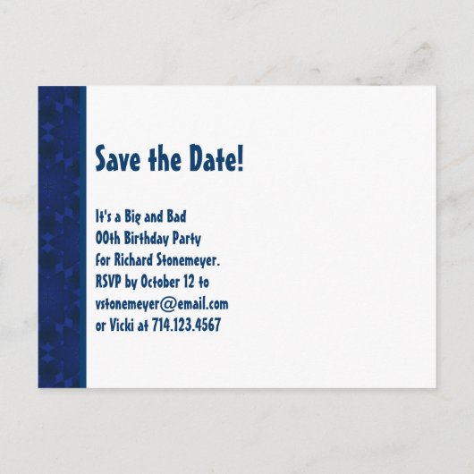 70thサプライズ誕生日日付の青いパターンを保存 案内ポストカード (裏面)