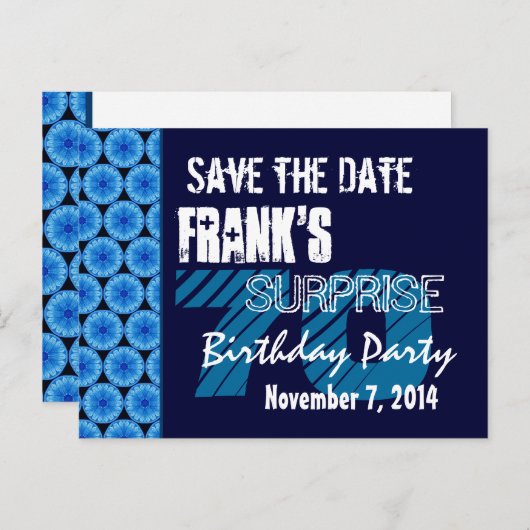 70thサプライズ誕生日日付の青いパターンを保存 案内ポストカード (正面/裏面)