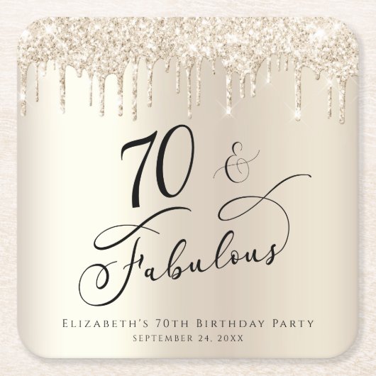 70thバースデーパーティーグリッター金ゴールド スクエアペーパーコースター (正面)