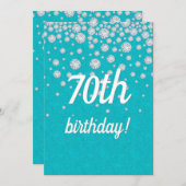 70thバースデーパーティーティール（緑がかった色）グリーングリッターダイヤモンド 招待状 (正面/裏面)