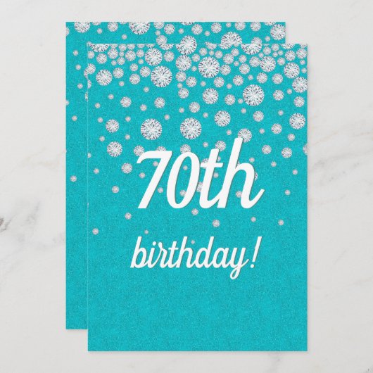 70thバースデーパーティーティール（緑がかった色）グリーングリッターダイヤモンド 招待状 (正面/裏面)