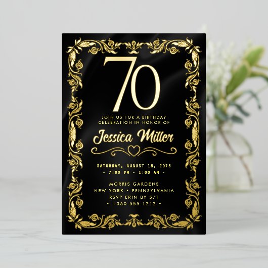 70thバースデーパーティーバラゴールドフォイル招待状 箔招待状 (立ち正面)