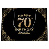 70thバースデーパーティーブラックと金ゴールドグリッター枠 ラージペーパーバッグ (正面)