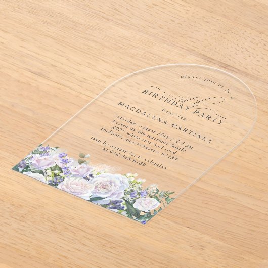 70thバースデーパーティーホワイトローズブルーフローラアーチ アクリル招待状 (レイダウン)