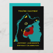 70thバースデーパーティー招待ティール(緑がかった色)ドッグティール(緑がかった色)バック 招待状 (正面/裏面)