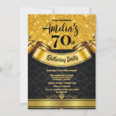 70thバースデーパーティー金ゴールドグリッター – 黒エレガント 招待状 (正面)