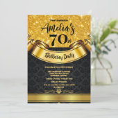 70thバースデーパーティー金ゴールドグリッター – 黒エレガント 招待状 (スタンド正面)