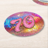 70thバースデーパーティー金ゴールドピンクグリッターディスコボール ラウンドペーパーコースター (アングル)