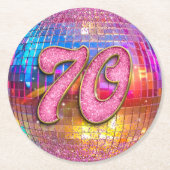 70thバースデーパーティー金ゴールドピンクグリッターディスコボール ラウンドペーパーコースター (正面)