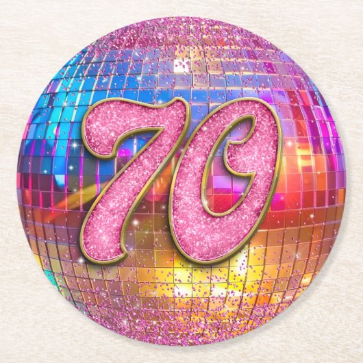 70thバースデーパーティー金ゴールドピンクグリッターディスコボール ラウンドペーパーコースター (正面)