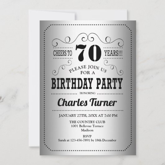 70thバースデーパーティー – シルバーブラック 招待状 (正面)
