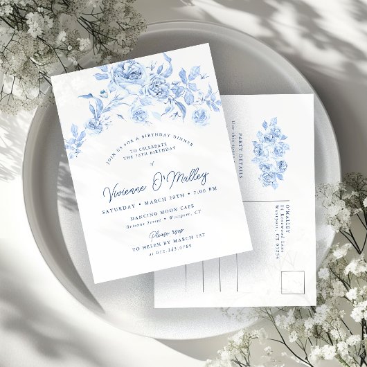 70th誕生日ディナーパーティーブルーフローラ インビテーションポストカード
