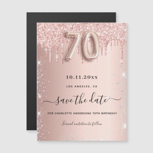 70th誕生日バラグリッター日付磁石を保存 (正面/裏面)