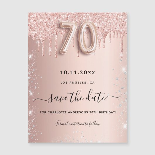 70th誕生日バラグリッター日付磁石を保存 (正面)