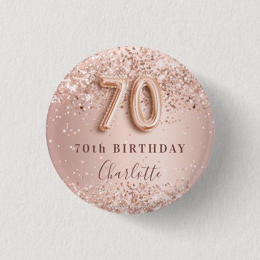 70th誕生日バラ金ゴールド赤面グリッター名タグ 缶バッジ (正面)