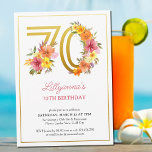70th誕生日パーティかわいらしフローラ金ゴールド番号70 招待状<br><div class="desc">第70回誕生日パーティーへの招待金ゴールド70番飾号とお花かわいらし付き。そしてフェミニンエレガントデザインと水色フローラの配置ピンク色オレンジと紫の色合い。70誕生祝い、春または夏の誕生日ランチ、ガーデンティーパーティーなどに最適。</div>