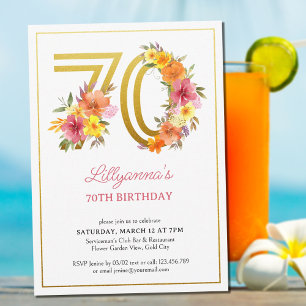 70th誕生日パーティかわいらしフローラ金ゴールド番号70 招待状
