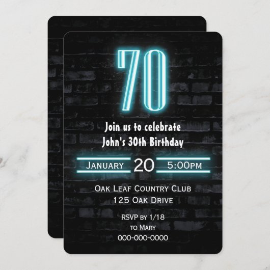 70th誕生日パーティネオンサインオンブリック 招待状 (正面/裏面)