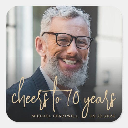 70th誕生日パーティフォト応援金ゴールドスクリプト スクエアシール (正面)