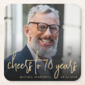70th誕生日パーティフォト応援金ゴールドスクリプト スクエアペーパーコースター (正面)