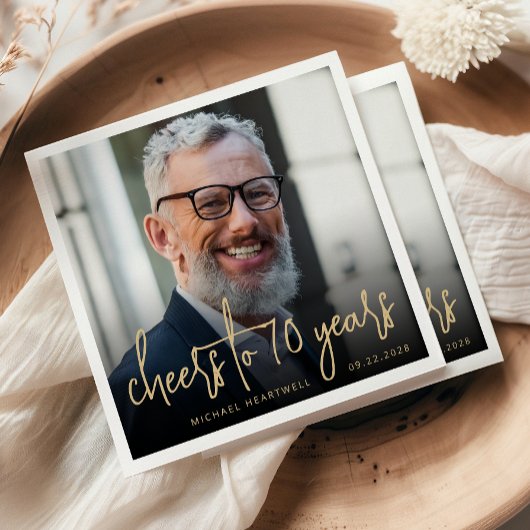 70th誕生日パーティフォト応援金ゴールドスクリプト スタンダードカクテルナプキン