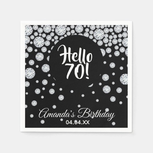 70th誕生日パーティブラックhello 70モノグラム スタンダードカクテルナプキン (正面)