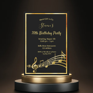 70th誕生日パーティーのブラックミュージックと金ゴールドミュージックノート 招待状