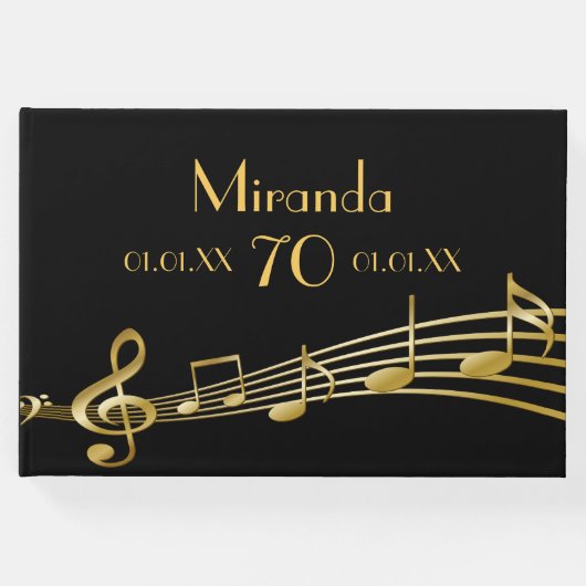 70th誕生日パーティーの金ゴールド音楽ノートの黒 ゲストブック (正面)