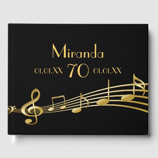 70th誕生日パーティーの金ゴールド音楽ノートの黒 ゲストブック (正面)