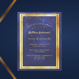 70th誕生日パーティーの青い金ゴールド光沢のある招待 ポストカード