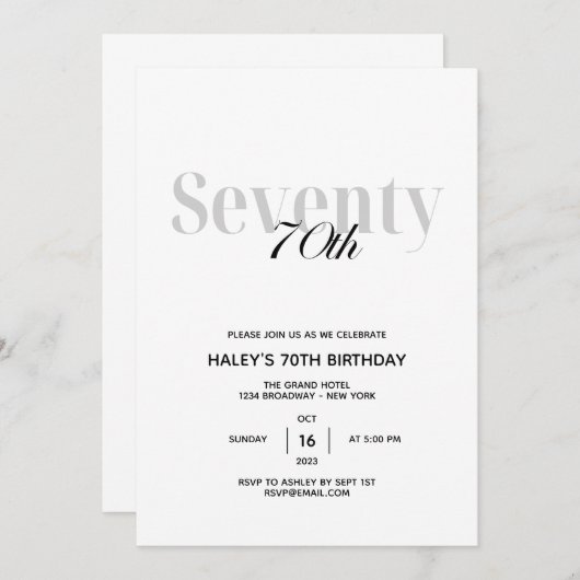 70th誕生日パーティーシックエレガントブラック&ホワイト 招待状 (正面/裏面)