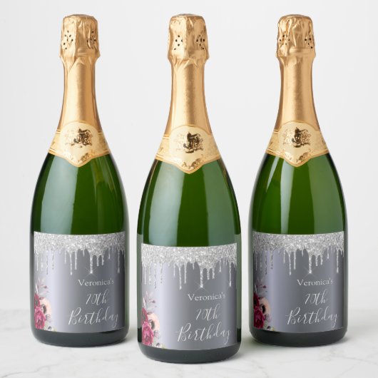 70th誕生日パーティーシルバーグリッタードリップフローラ スパークリングワインラベル (ボトル)