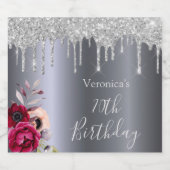 70th誕生日パーティーシルバーグリッタードリップフローラ スパークリングワインラベル (シングルラベル)