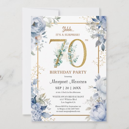 70th誕生日パーティーダスティーエレガントブルーフローラ 招待状